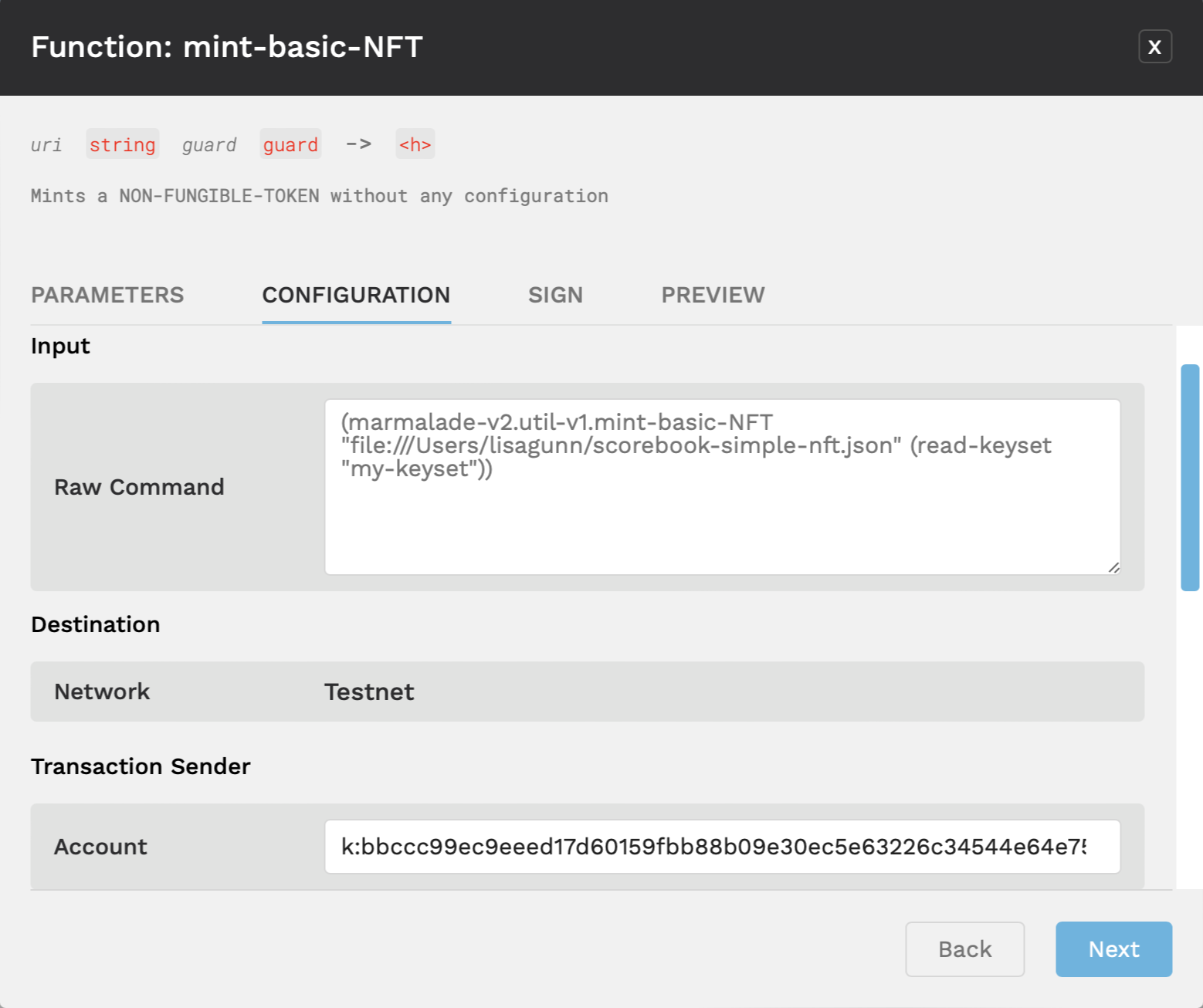 Verify the destination network and select the Transaction Sender